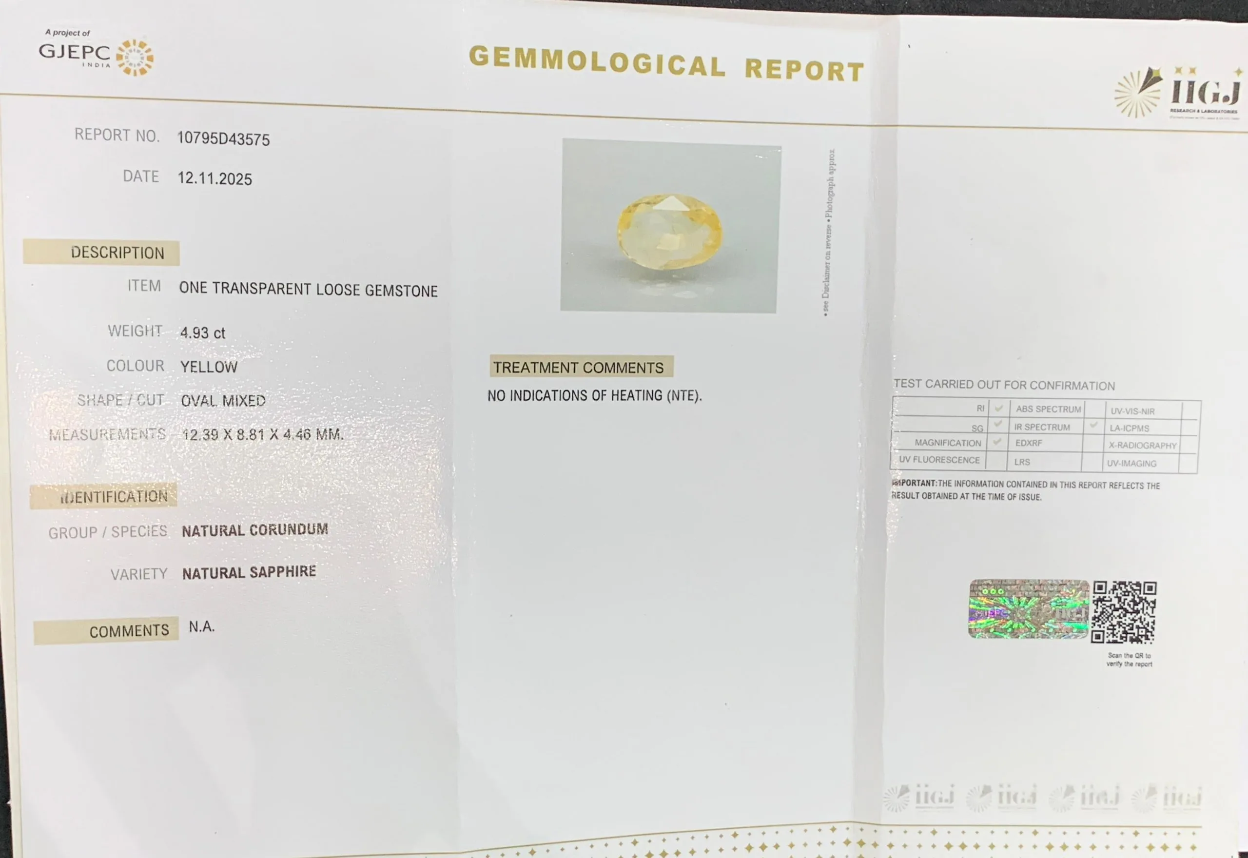 Yellow Sapphire 4.93ct. (Super Luxury) view 2