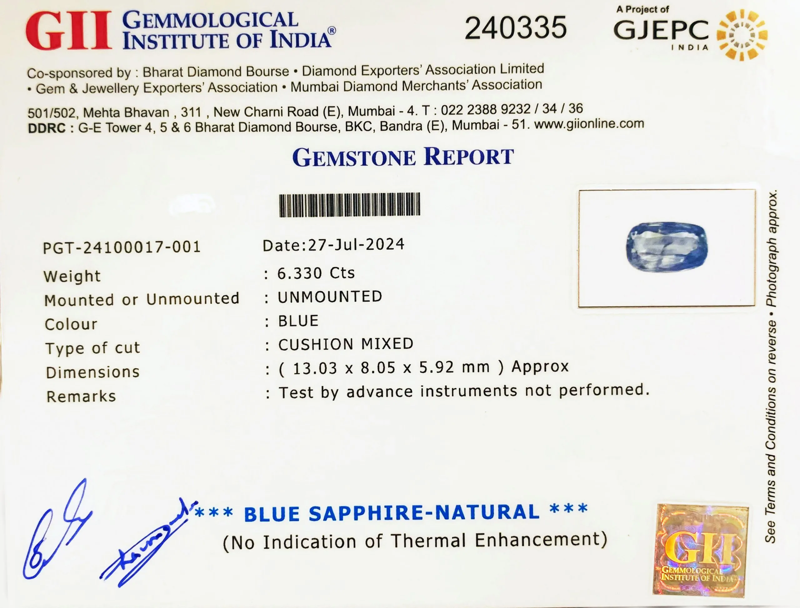 Blue Sapphire 6.33ct. (Super Premium) view 2